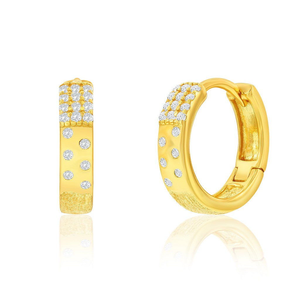 Sterling Silver, CZ & Brushed Hoop Earrings - Gold Plated Earrings