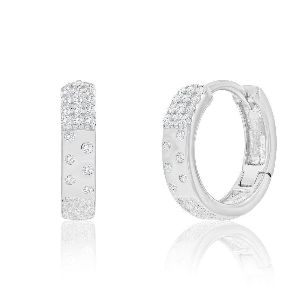 Sterling Silver, CZ & Brushed Hoop Earrings Earrings