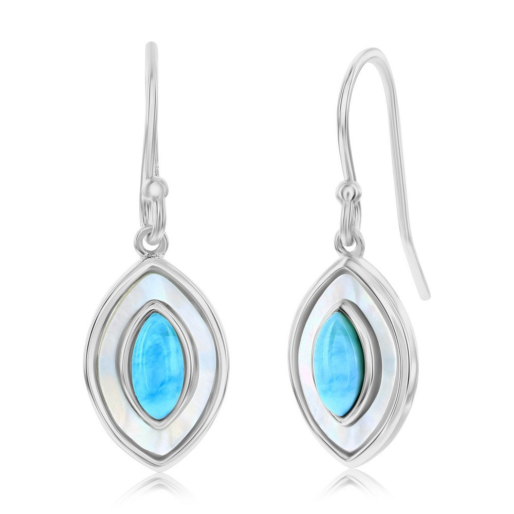 Sterling Silver, MOP & Larimar Marquise Dangle Earrings Earrings