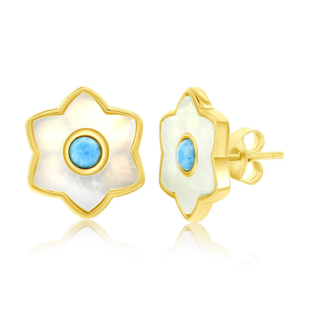 Sterling Silver, Larimar & MOP Flower Studs - Gold Plated Earrings