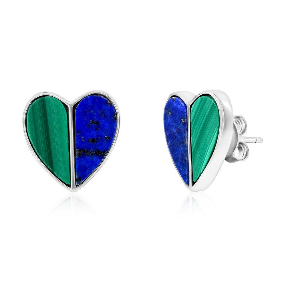 Sterling Silver, Malachite & Lapis Heart Earrings Earrings