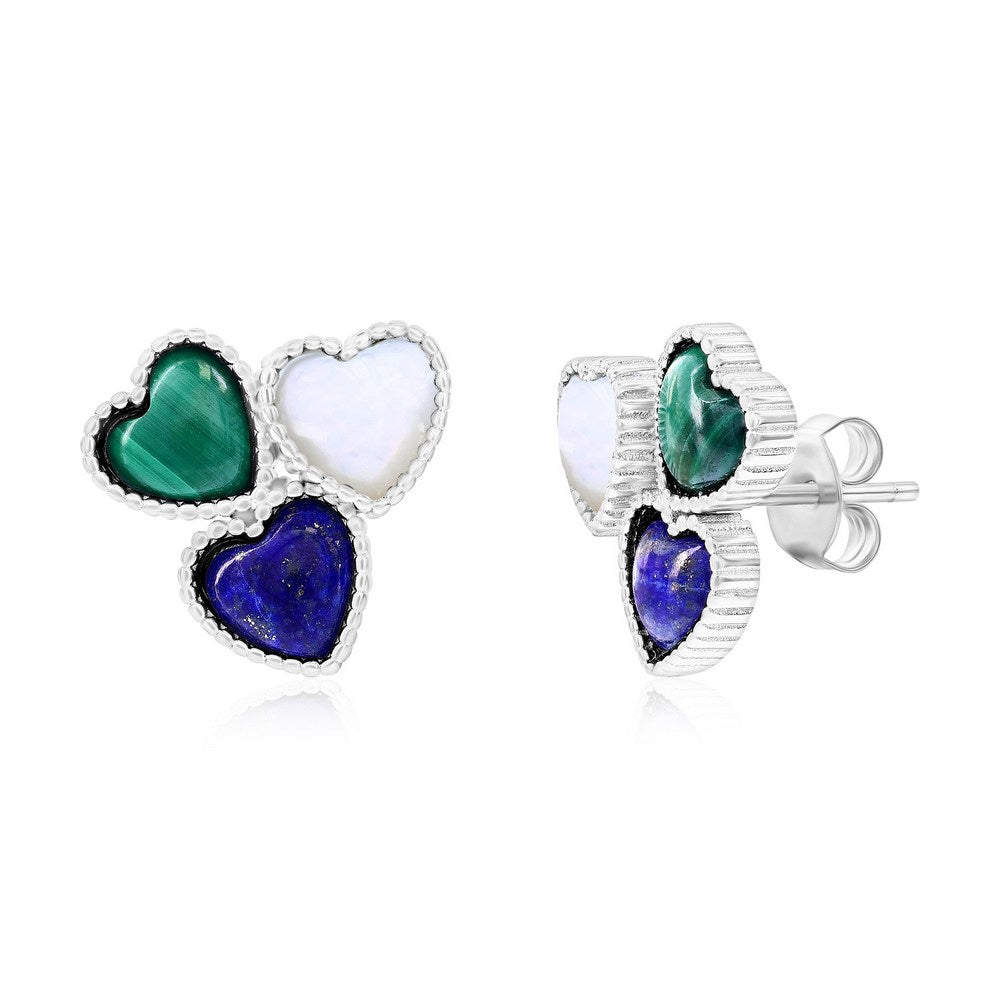 Sterling Silver, MOP, Lapis, Malachite, Triple Cluster Heart Earrings Earrings