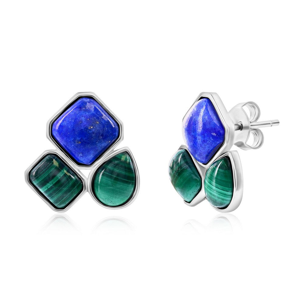 Sterling Silver, Multi-Shaped Malachite & Lapis Earrings Earrings