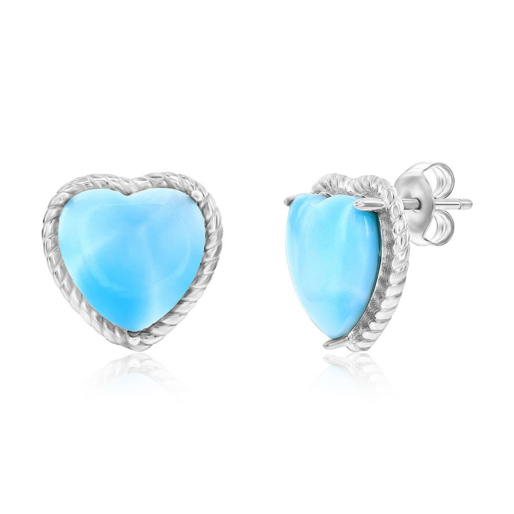 Sterling Silver, Larimar Heart, Rope Design Studs Earrings