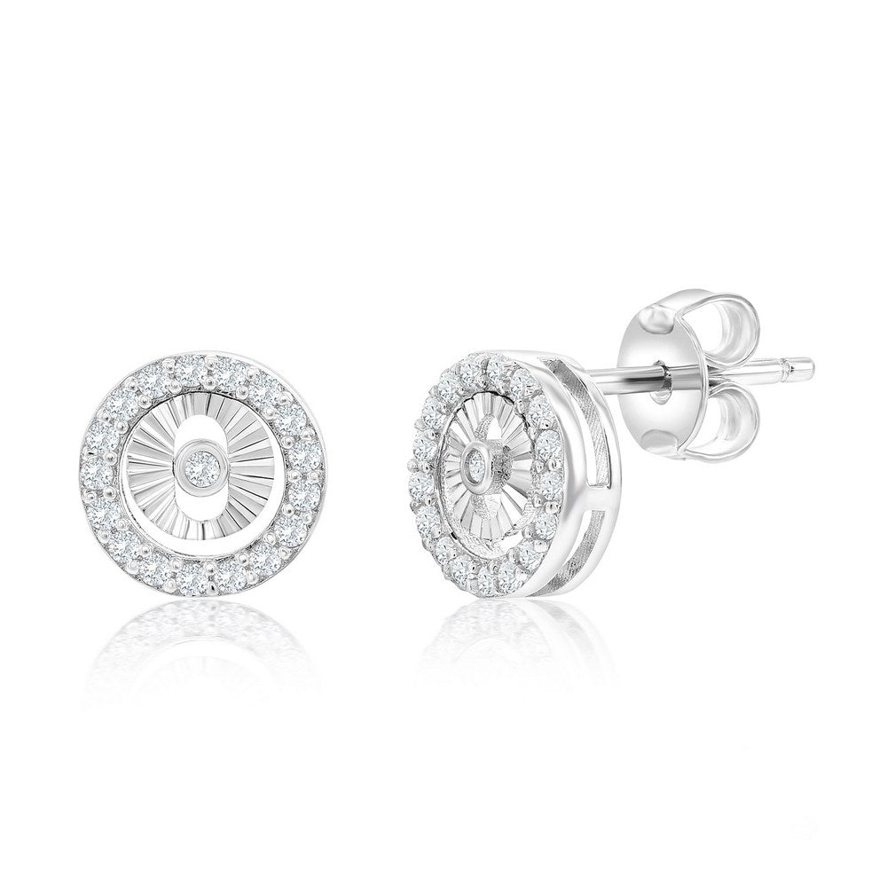 Sterling Silver, Round D-C & CZ Border Stud Earrings Earrings