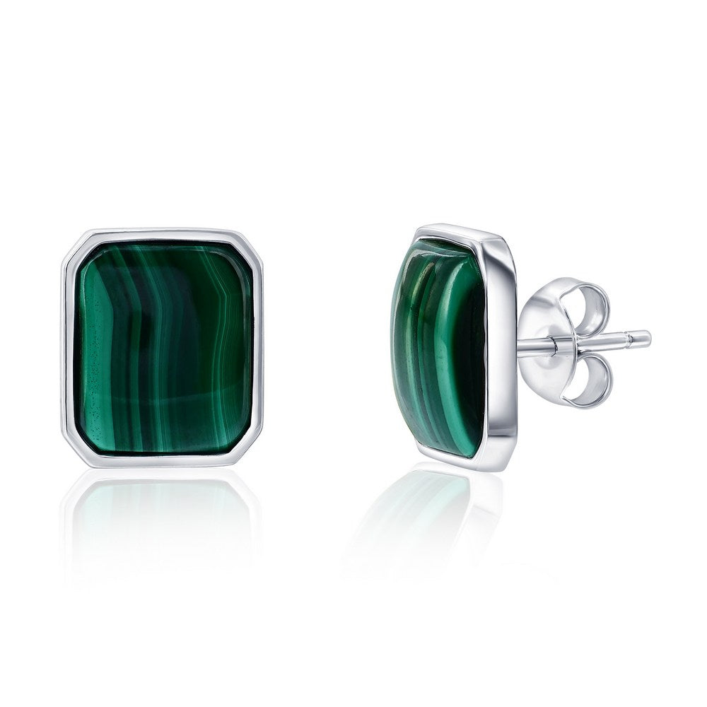 Sterling Silver, 14x12mm Rectangle Earrings - Malachite Earrings