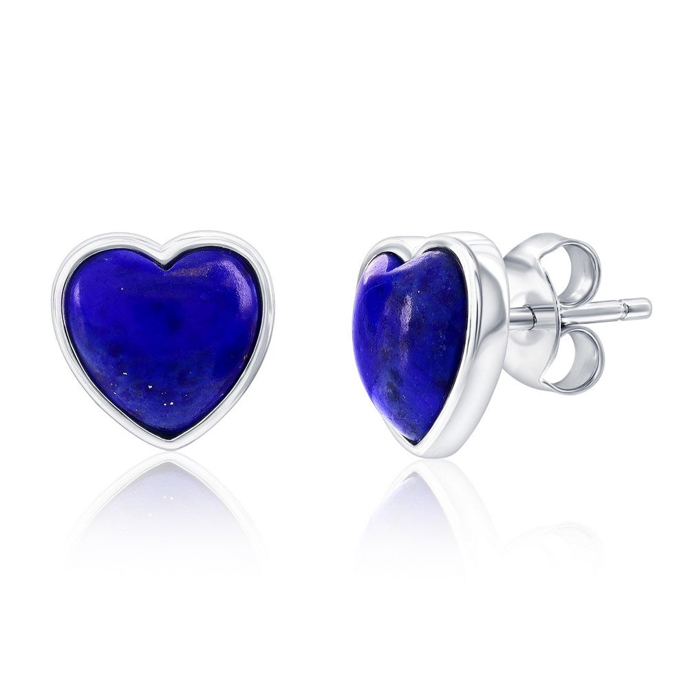 Sterling Silver, Bezel-Set Heart Studs - Lapis Earrings