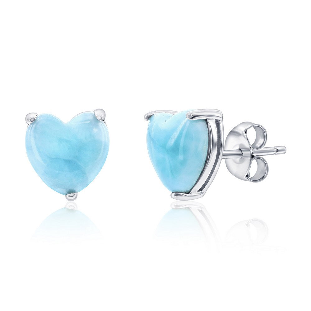 Sterling Silver, 3 Prong Heart Studs - Larimar Earrings