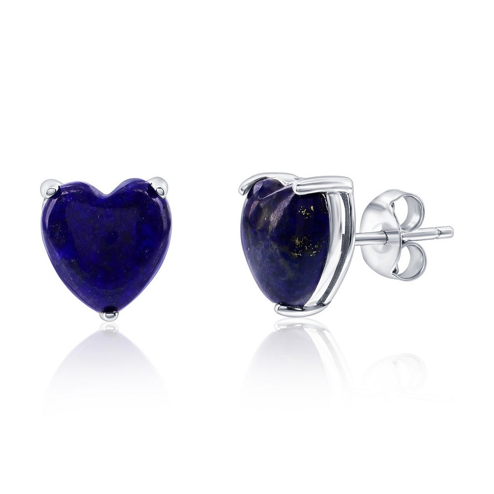 Sterling Silver, 3 Prong Heart Studs - Lapis Earrings