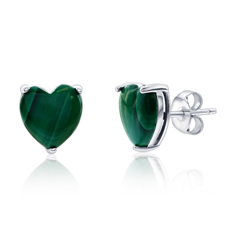 Sterling Silver, 3 Prong Heart Studs - Malachite Earrings