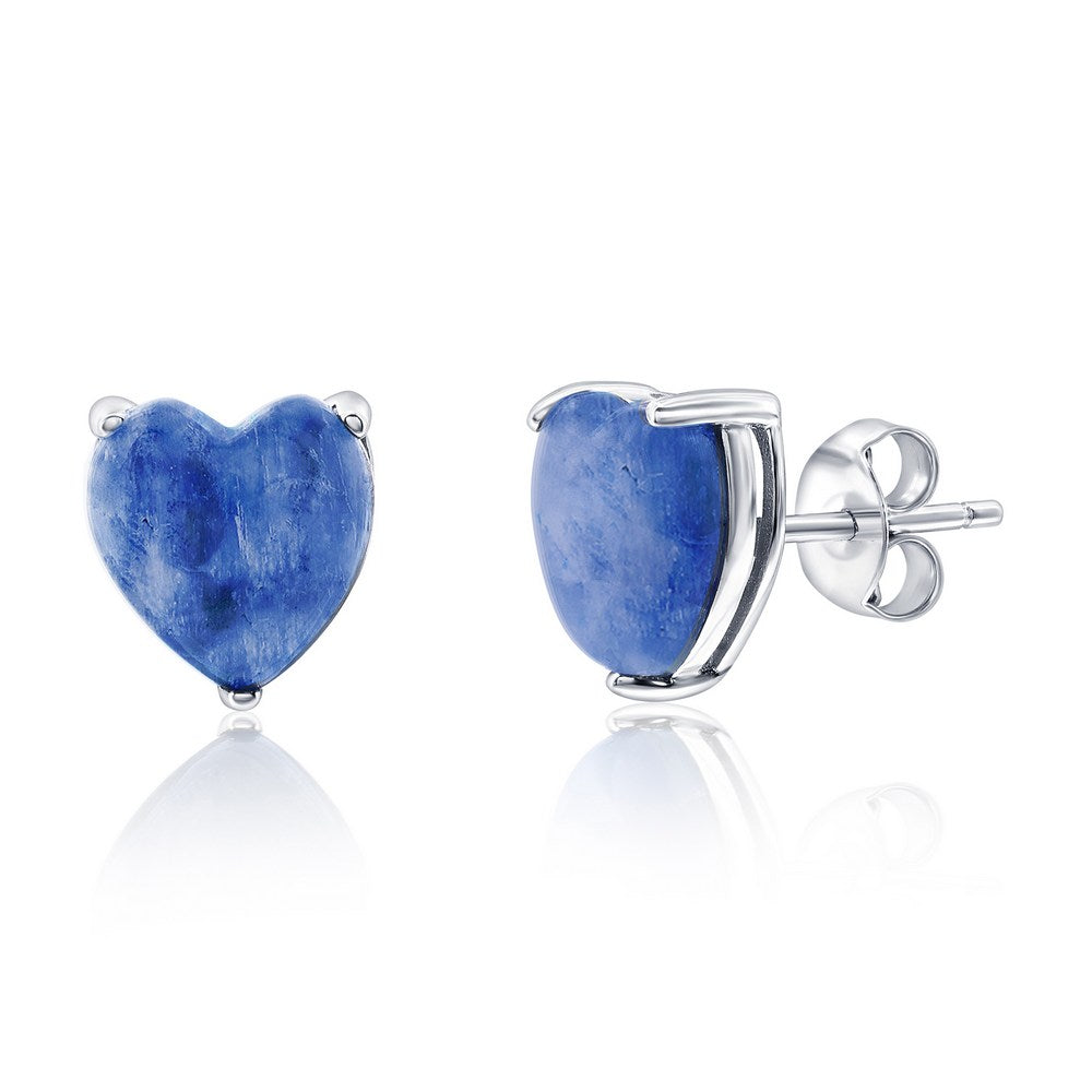 Sterling Silver, 3 Prong Heart Studs - Kyanite Earrings