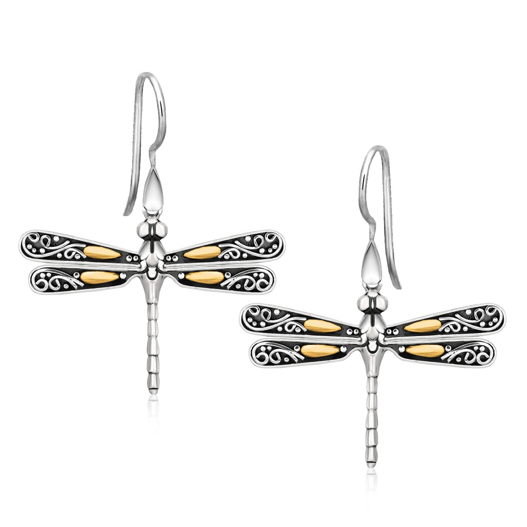 18k Yellow Gold and Sterling Silver Dragonfly Motif Drop Earrings Earrings