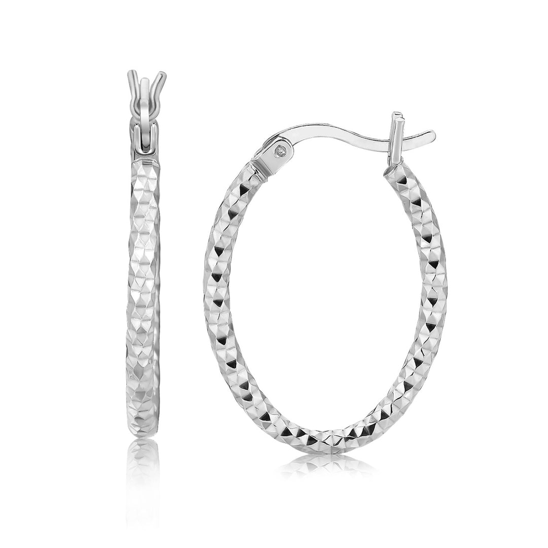 Sterling Silver Hoop Diamond Cut Texture Earrings with Rhodium Plating(2x15mm) Earrings