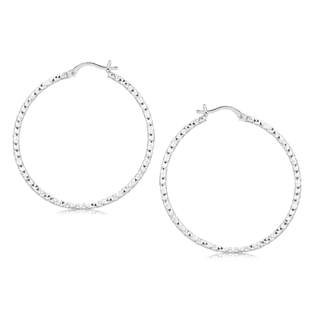 Sterling Silver Rhodium Plated Large Faceted Style Hoop Earrings(2x40mm) Earrings