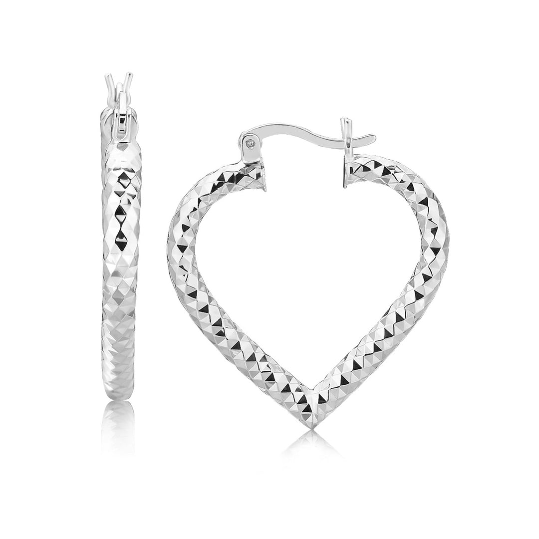 Sterling Silver Rhodium Plated Heart Style Hoop Diamond Cut Earrings(3x22mm) Earrings