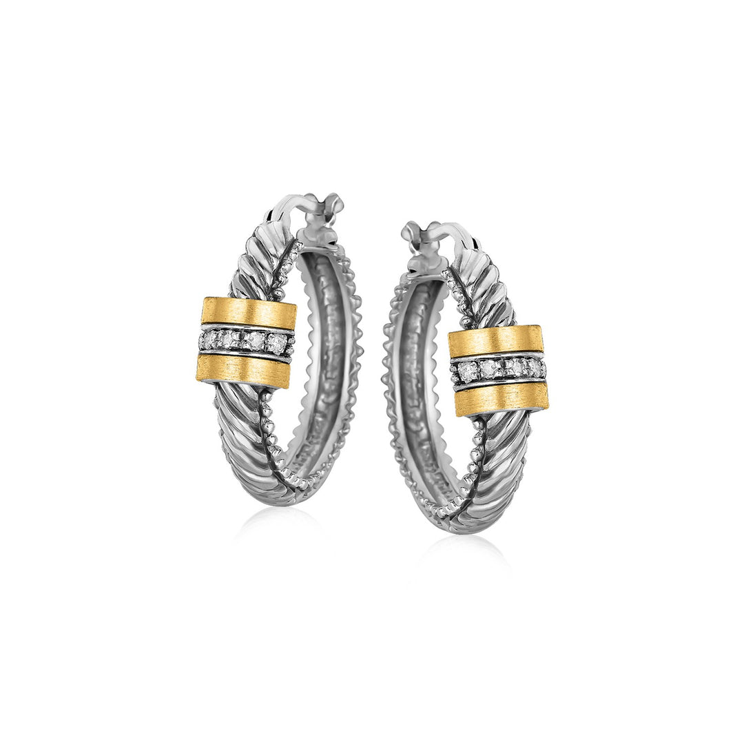 18k Yellow Gold and Sterling Silver Diamond Italian Cable Style Hoop Earrings Earrings