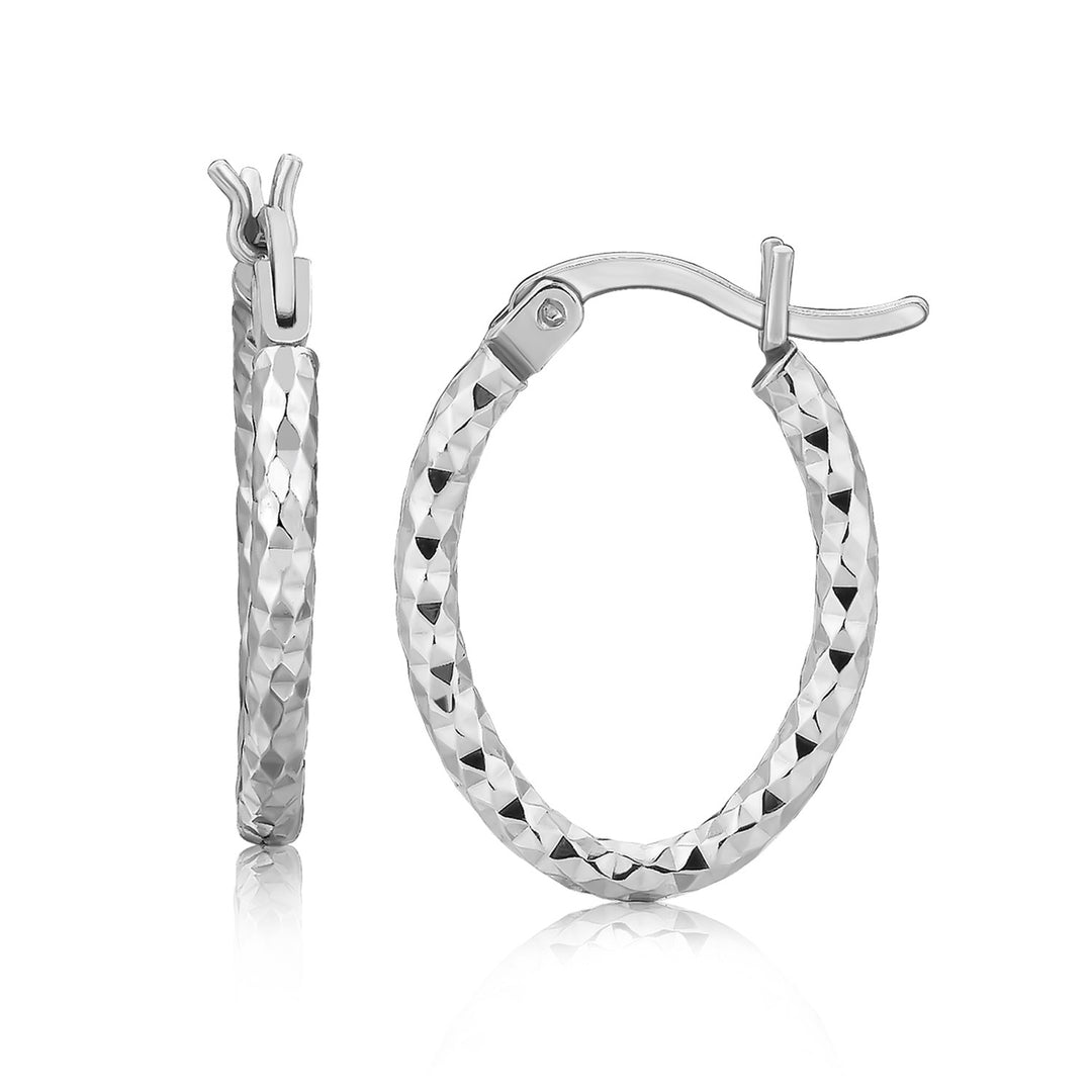 Sterling Silver Rhodium Plated Oval Hoop Diamond Cut Textured Earrings(2x10mm) Earrings