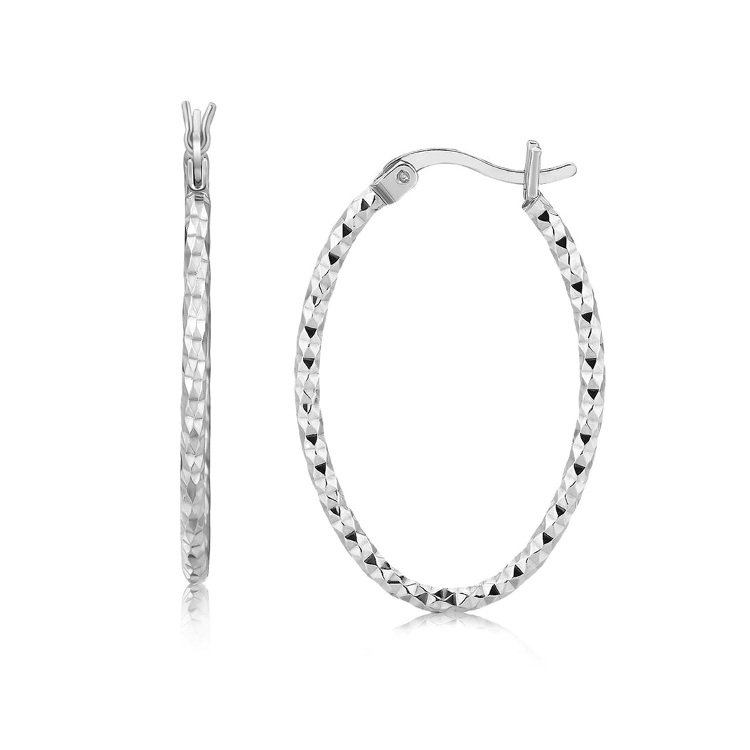 Sterling Silver Rhodium Plated Textured Diamond Cut Hoop Earrings(2x25mm) Earrings