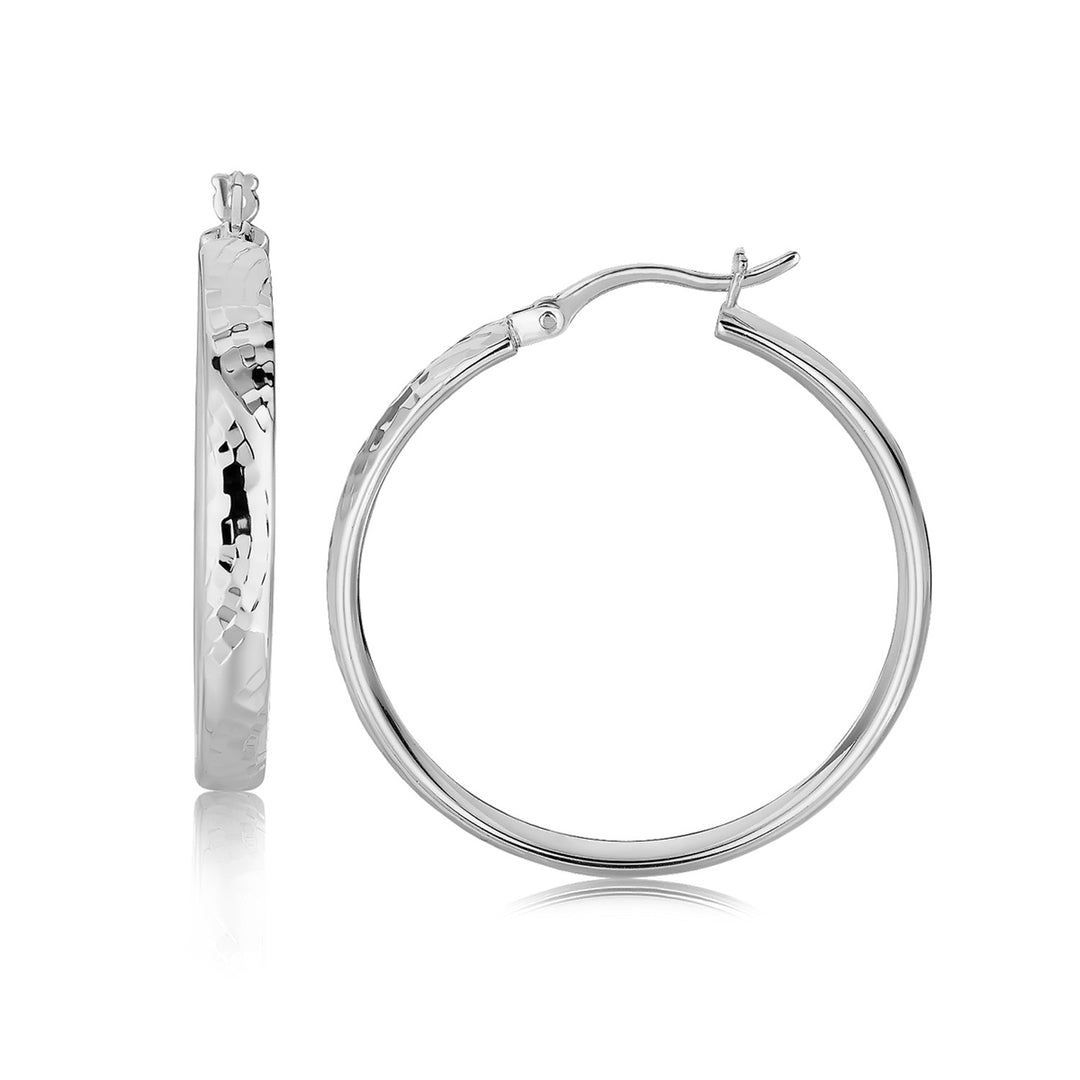 Sterling Silver Hammered Style Hoop Earrings with Rhodium Plating (4x30mm) Earrings