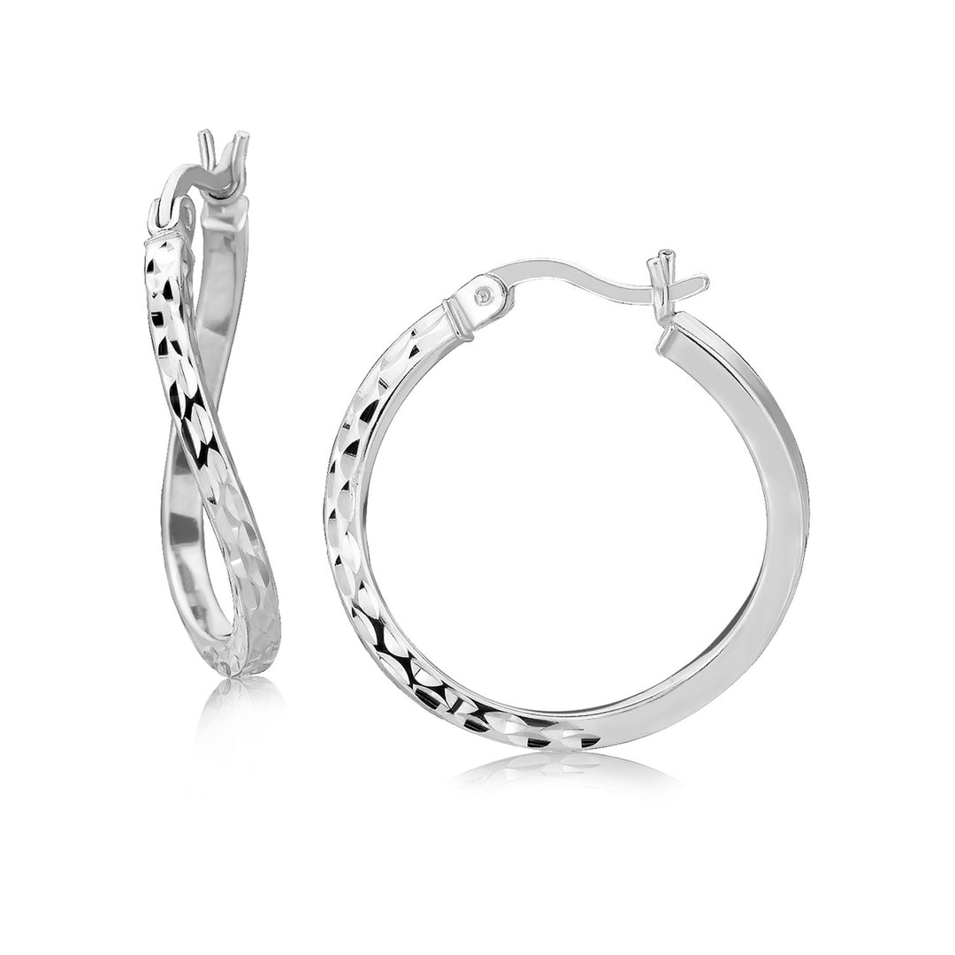 Sterling Silver Rhodium Plated Twist Style Hoop Diamond Cut Earrings (2x20mm) Earrings