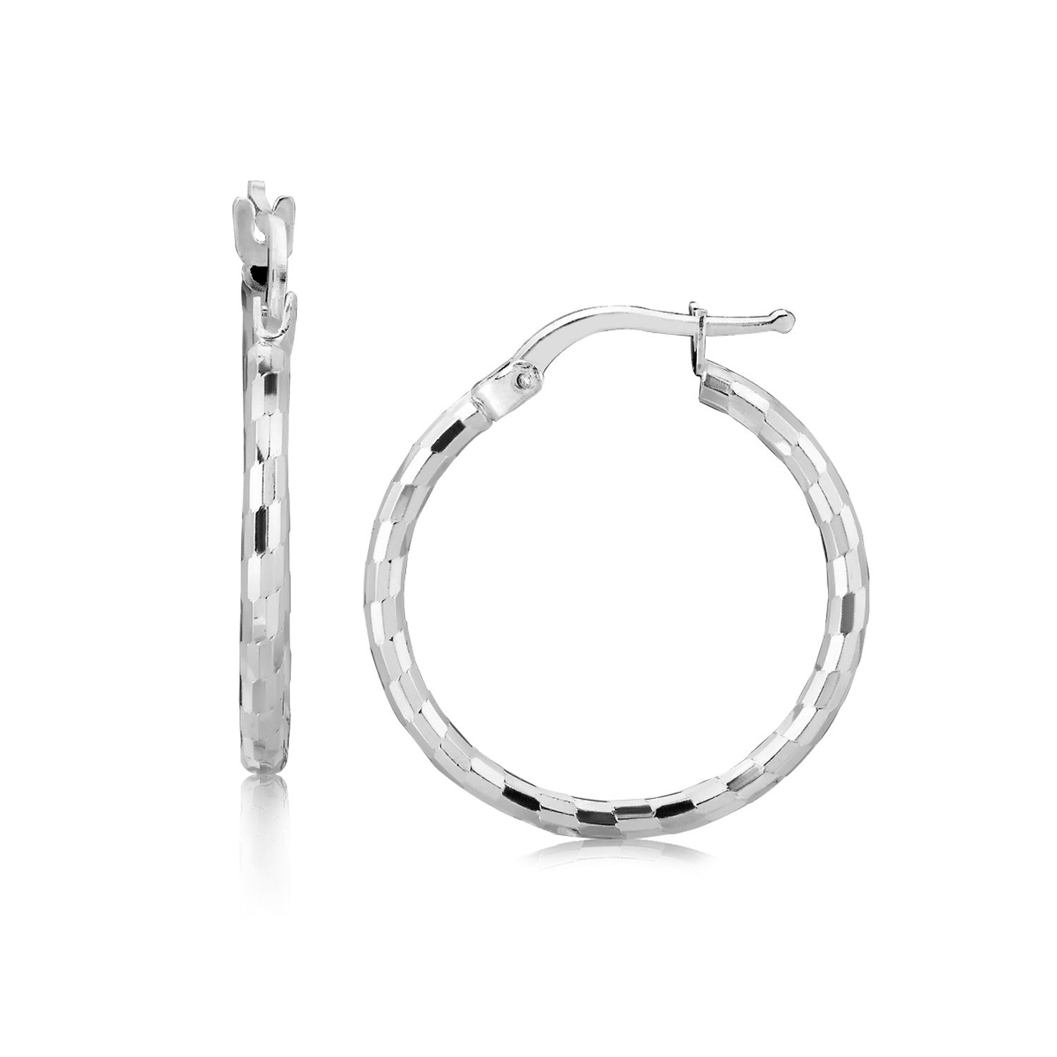 Sterling Silver Diamond Cut Hoop Earrings with Rhodium Plating (2x20mm) Earrings