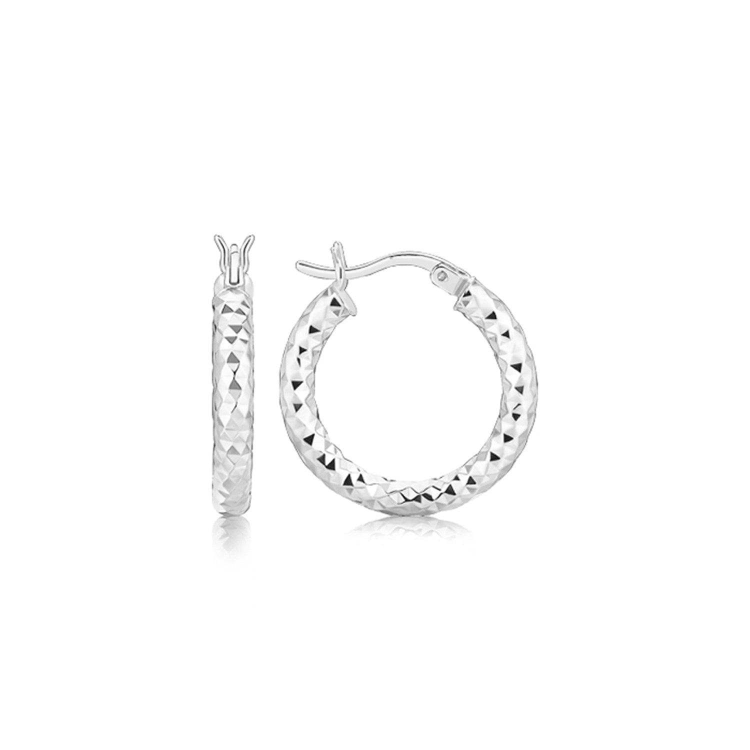 Sterling Silver Polished Rhodium Plated Faceted Hoop Style Earrings(3x15mm) Earrings