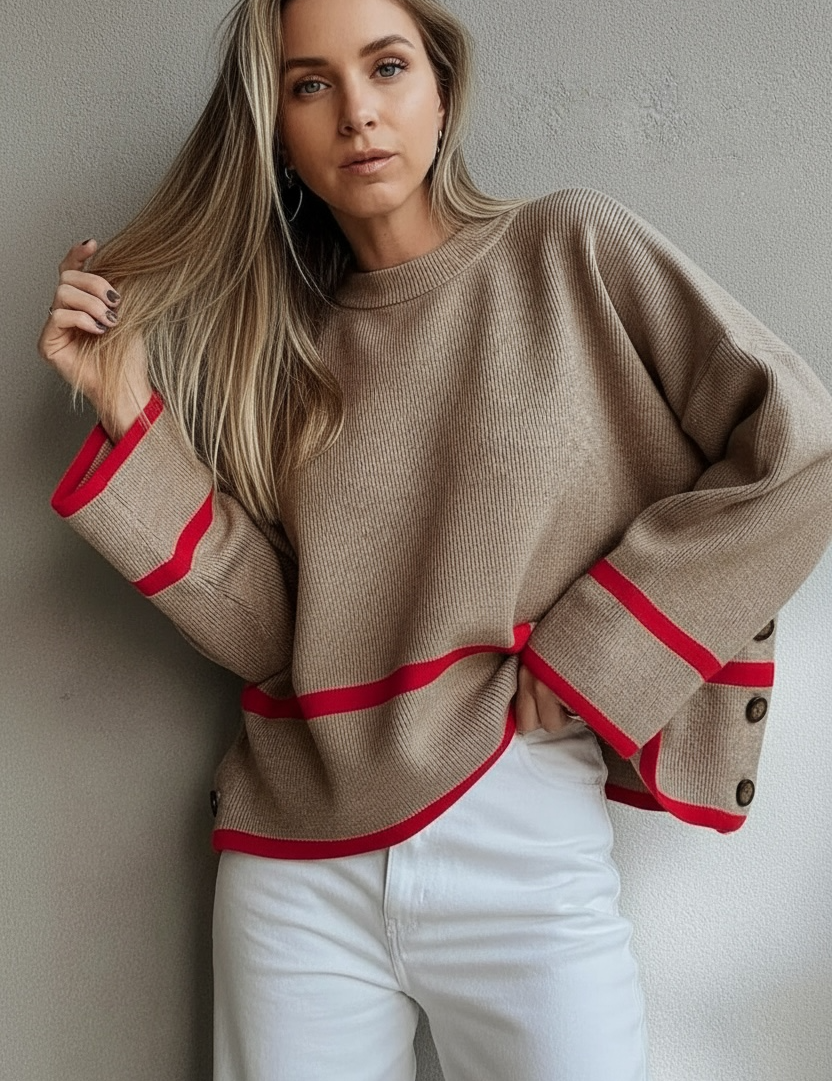 Ribbed Knit Pullover with Contrast Trim | Knit Tops Daverri Fashions