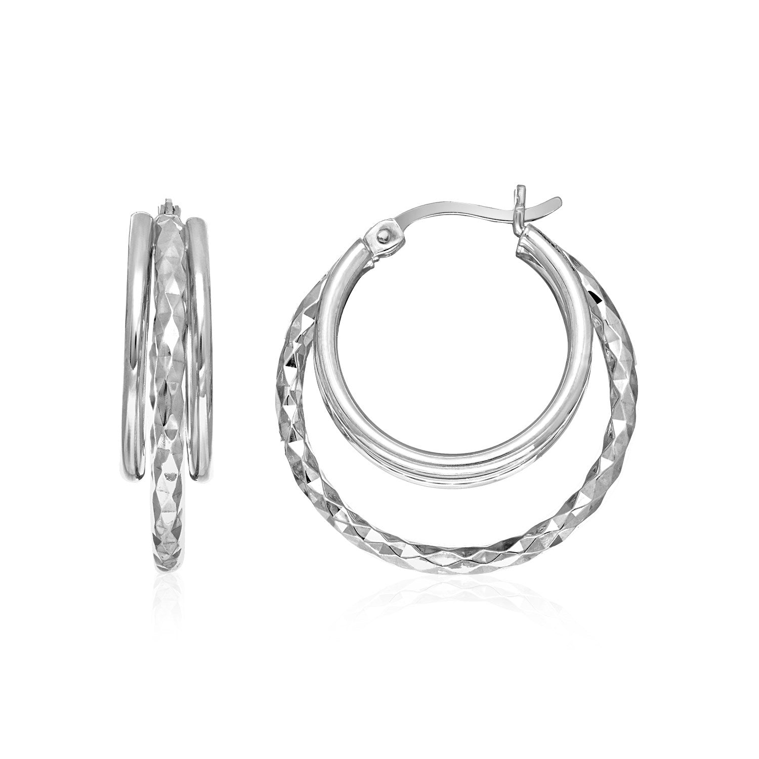 Two-Part Graduated Polished and Textured Hoop Earrings in Sterling Silver Earrings