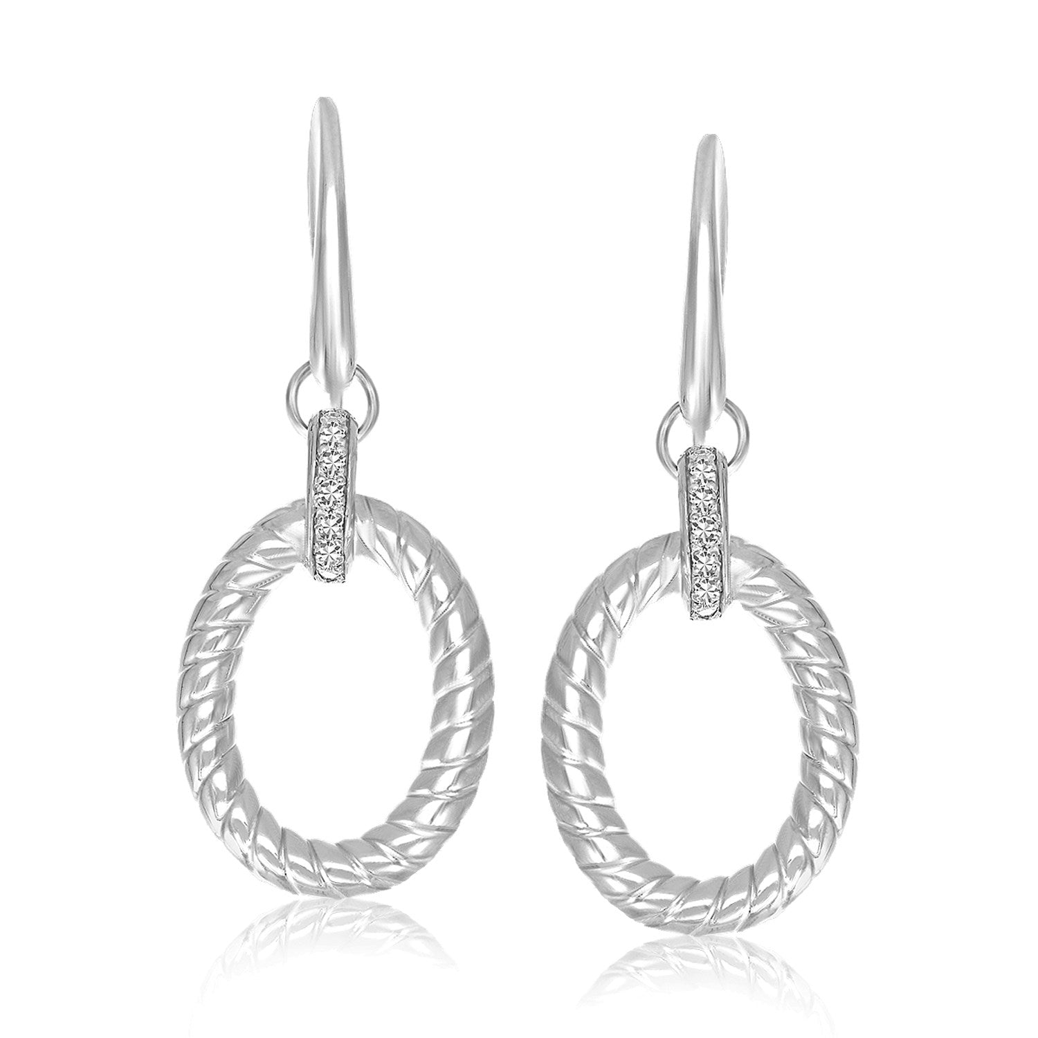 Sterling Silver Rhodium Finished Diamond Embellished Oval Rope Drop Earrings Earrings