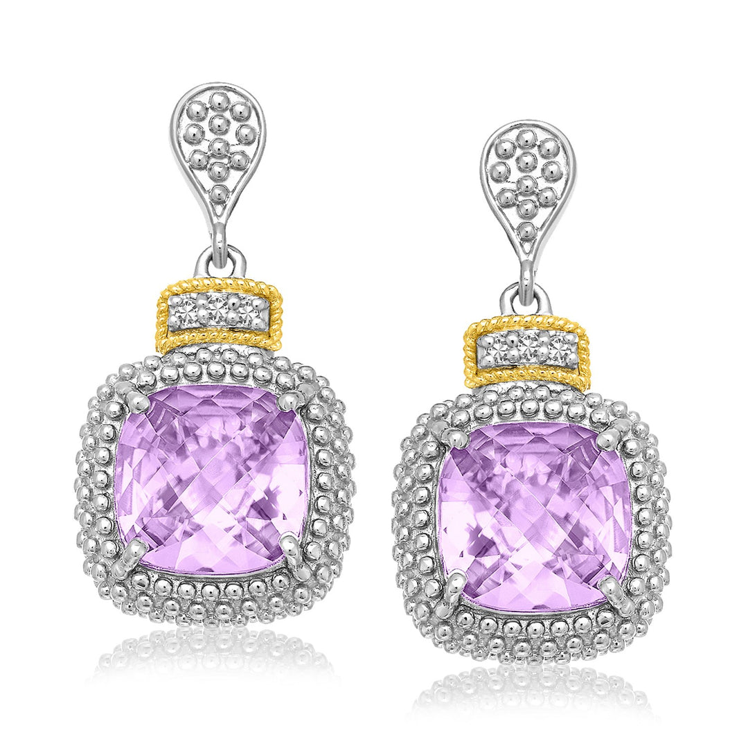 18k Yellow Gold & Sterling Silver Cushion Amethyst & Diamond Earrings (.05cttw) Earrings