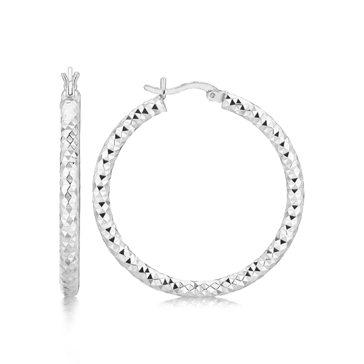 Sterling Silver Faceted Motif Large Hoop Earrings with Rhodium Plating(4x25mm) Earrings