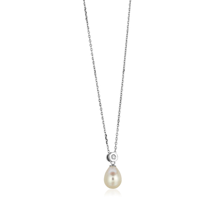 Sterling Silver Necklace with Pear Shaped Pearl and Cubic Zirconias Necklaces