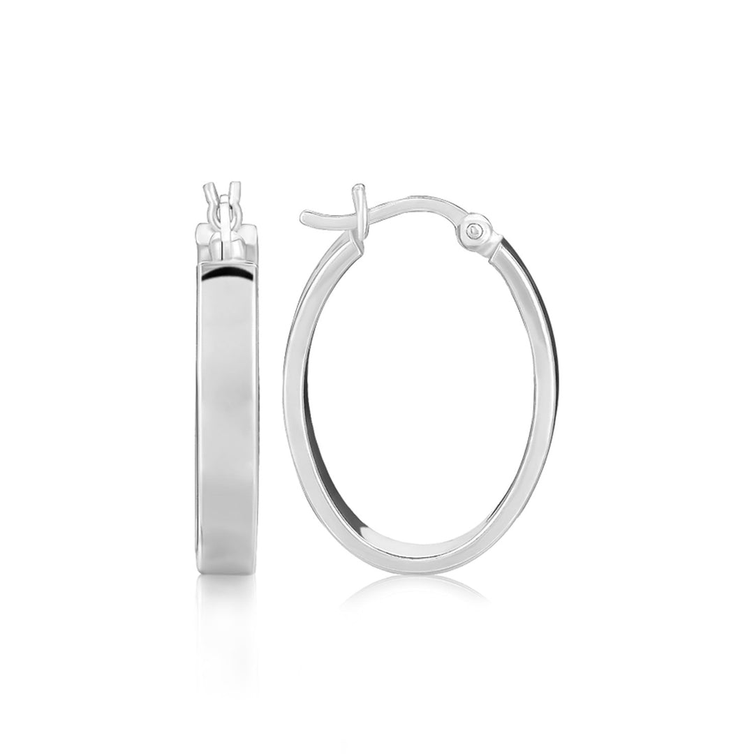 Sterling Silver Flat Style Oval Hoop Earrings with Rhodium Plating(4x14mm) Earrings