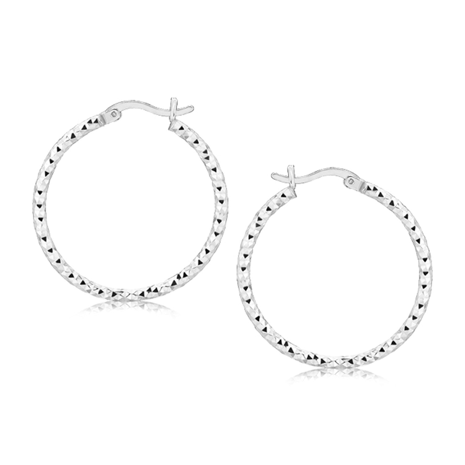 Sterling Silver Faceted Motif Hoop Earrings with Rhodium Plating(2x25mm) Earrings