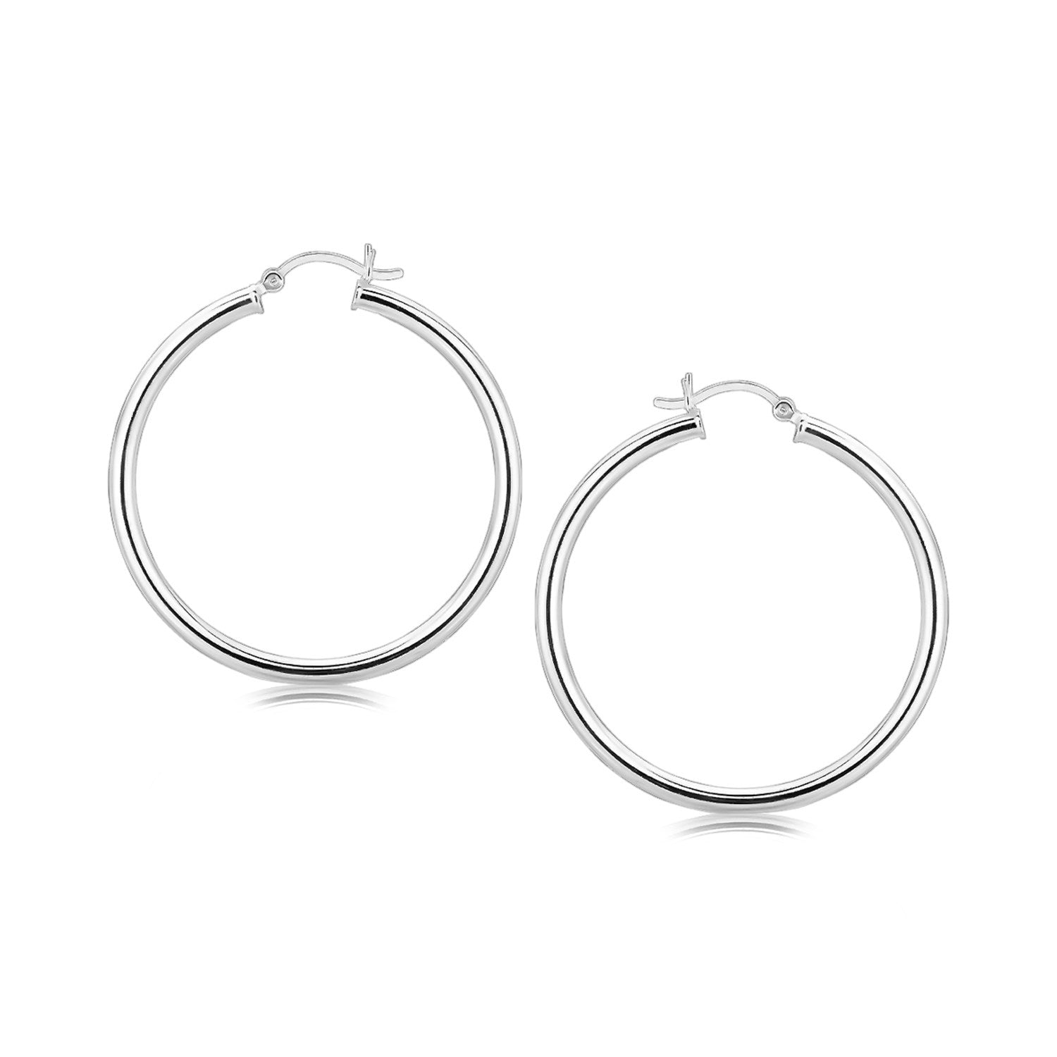 Sterling Silver Rhodium Plated Large Polished Classic Hoop Earrings (3x40mm) Earrings