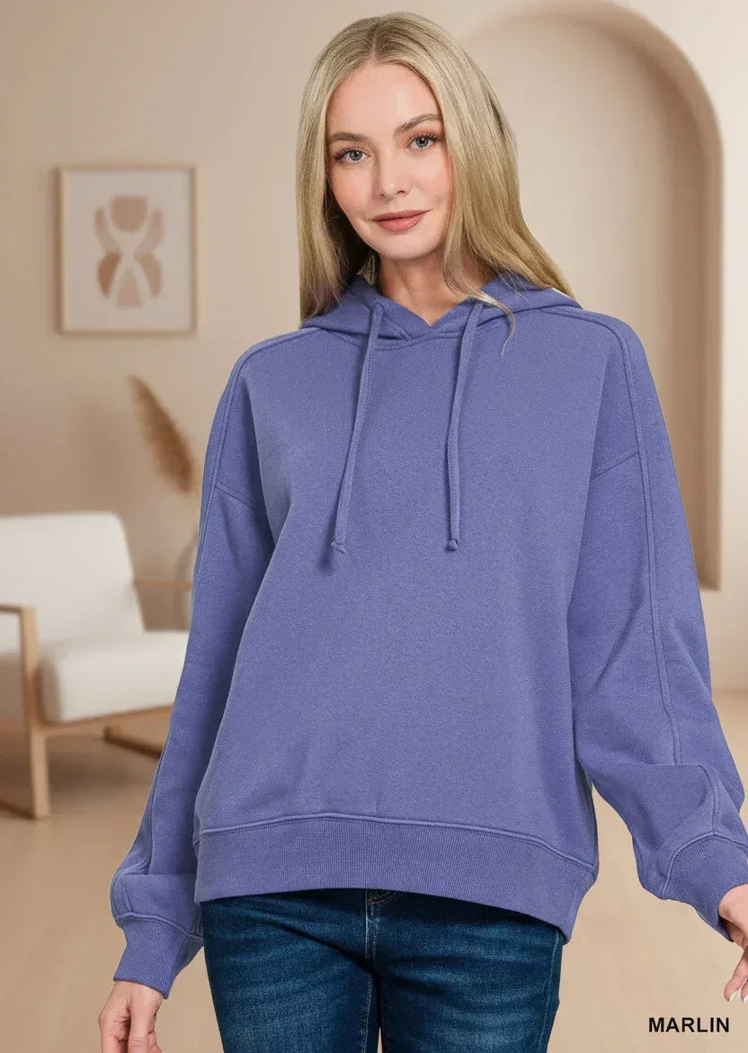 Zenana Drawstring Relaxed Fit Fleece Hoodie Marlin - DAVERRI FASHIONS