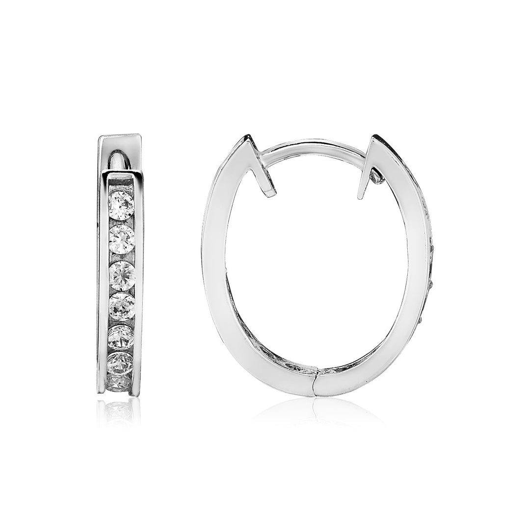 Sterling Silver Oval Hoop Earrings with Cubic Zirconias(3x15mm) Earrings