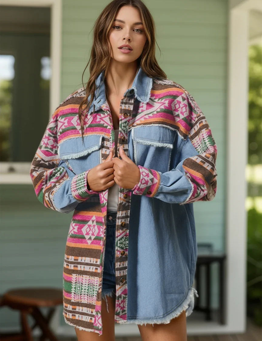 Boho denim shacket with geometric tribal pattern and frayed edges