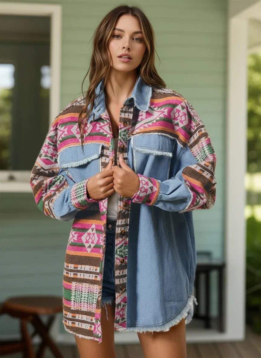 Geometric Collared Neck Long Sleeve Shacket - DAVERRI FASHIONS