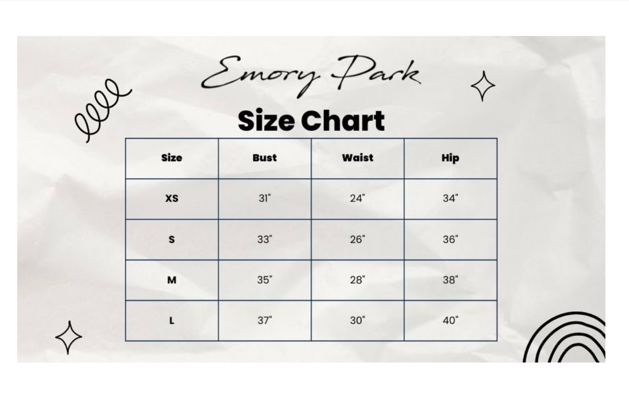 Emory Park size chart for Double Gauze High Waist Palazzo Pants on gray background