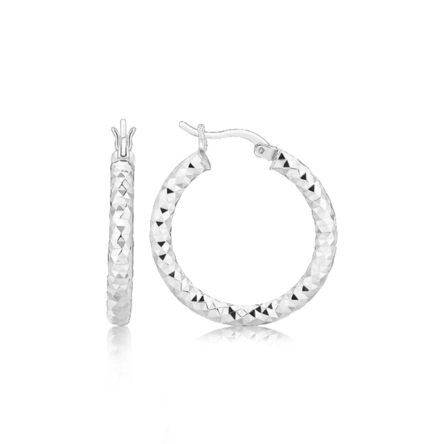 Sterling Silver Faceted Style Hoop Earrings with Rhodium Finishing(3x20mm) Earrings