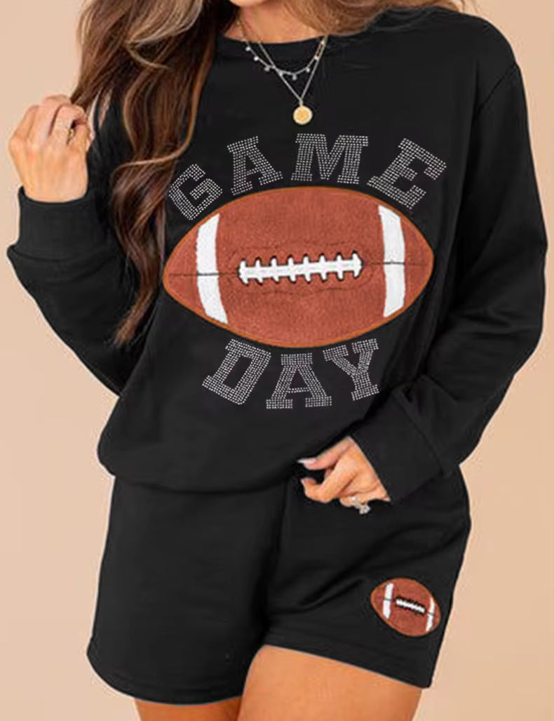 GAME DAY Football Round Neck Long Sleeve Top and Shorts Set | Loungewear Sets Daverri Fashions
