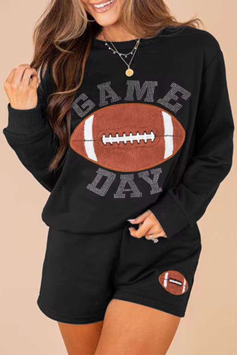 GAME DAY Football Round Neck Long Sleeve Top and Shorts Set | Loungewear Sets Daverri Fashions