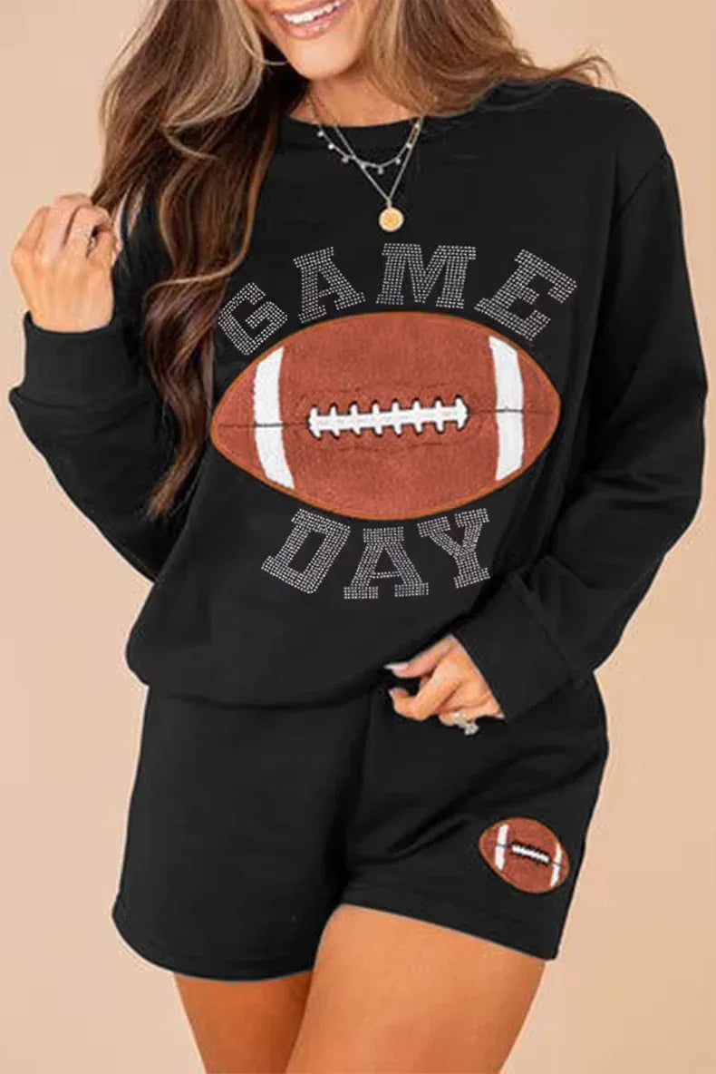 GAME DAY Football Round Neck Long Sleeve Top and Shorts Set - DAVERRI FASHIONS