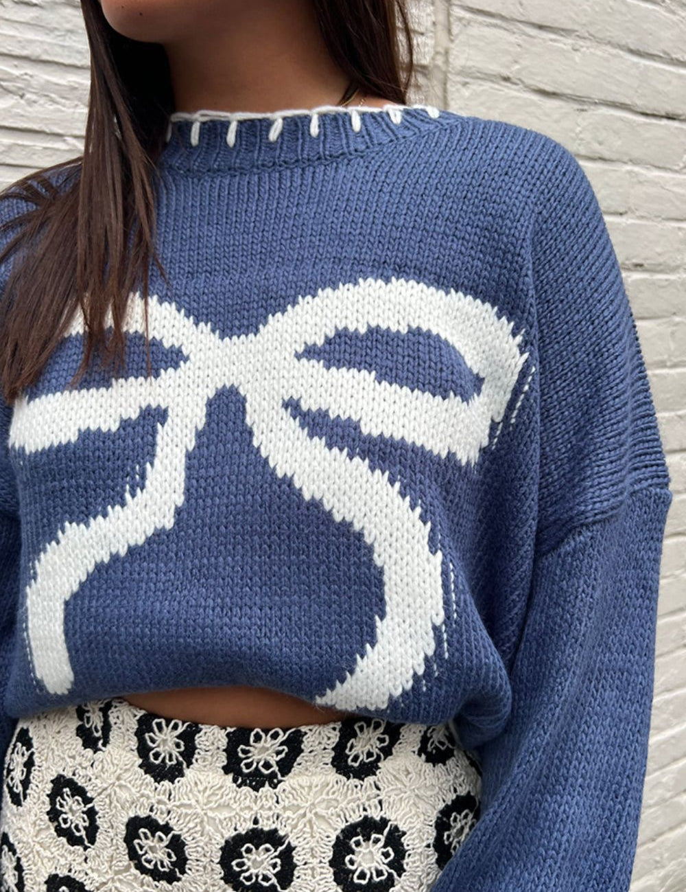 Bow Graphic Round Neck Long Sleeve Sweater | Sweaters Daverri Fashions