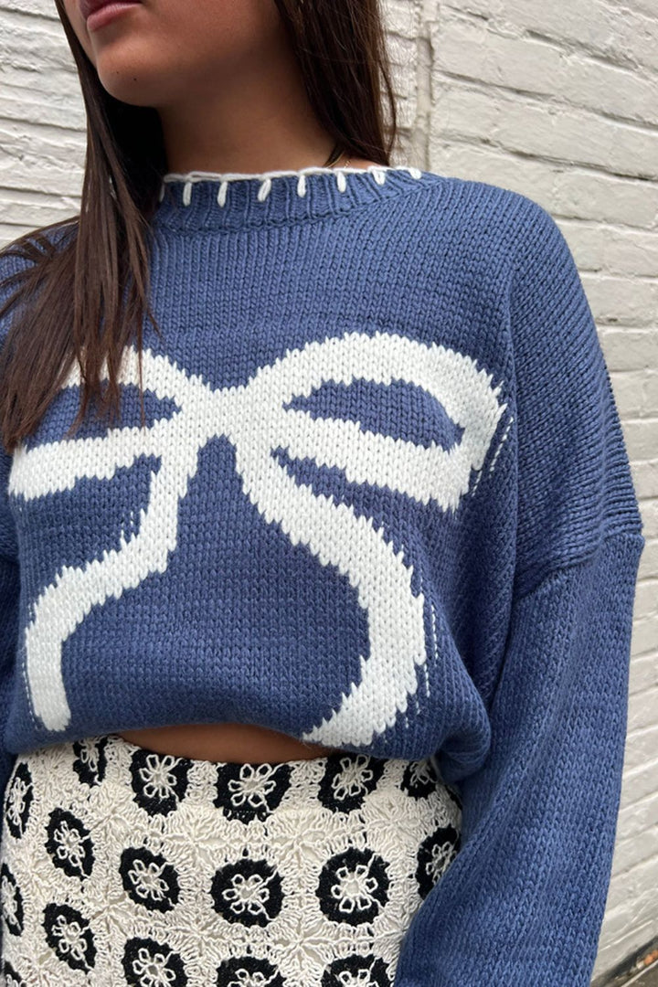 Bow Graphic Round Neck Long Sleeve Sweater | Sweaters Daverri Fashions
