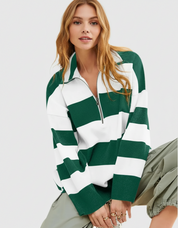 Green and white striped half-zip oversized sweatshirt
