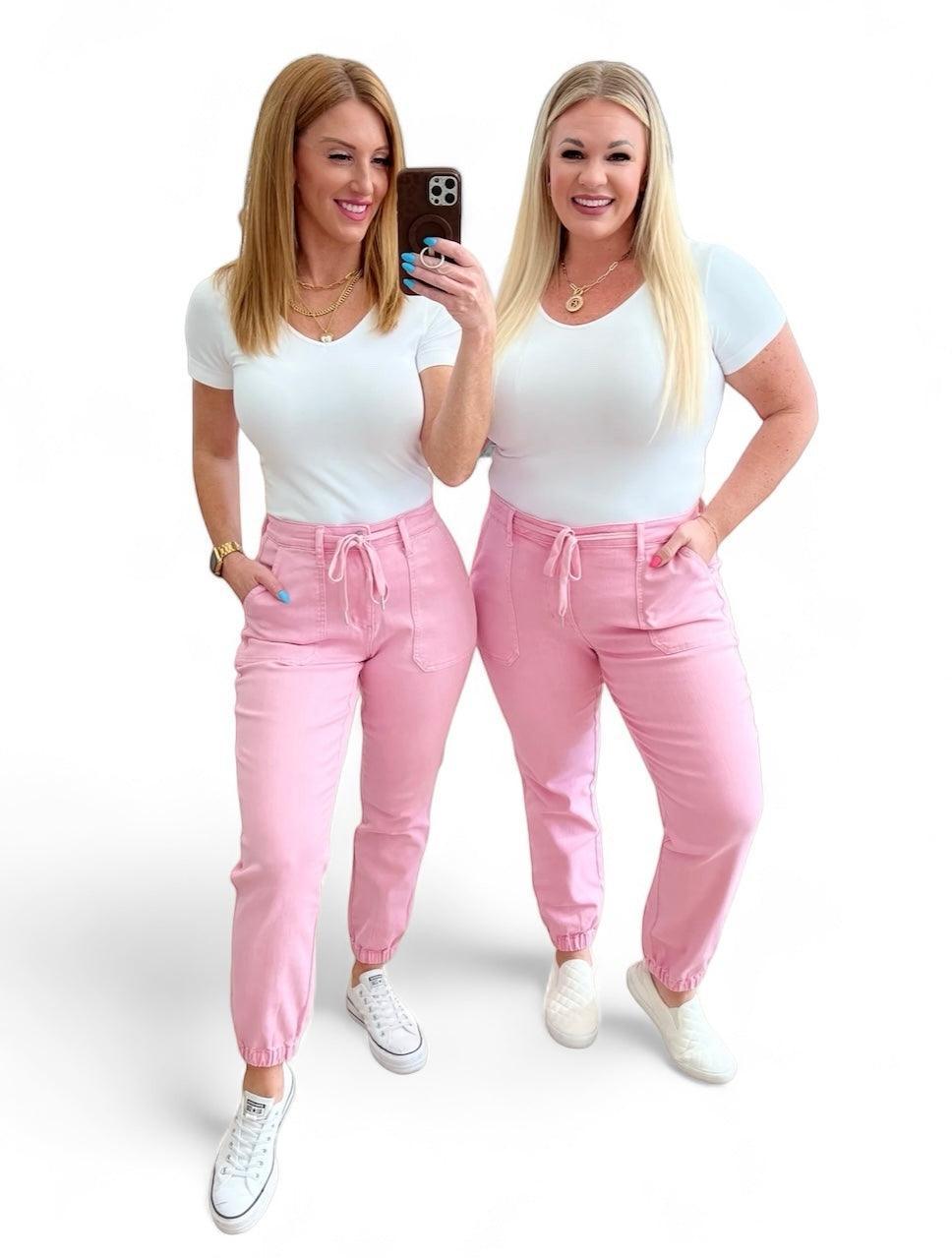 High Rise Pink Denim Joggers Pink Denim Joggers