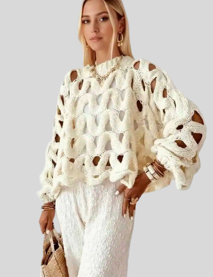 Soft Crewneck Long Sleeve Crochet Knit Oversized Sweater | Sweaters Daverri Fashions