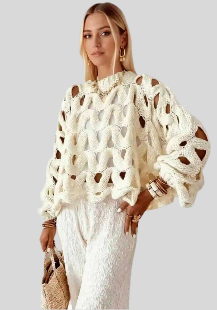 Soft Crewneck Long Sleeve Crochet Knit Oversized Sweater